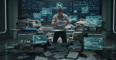 Man stressed in a room, with holographic screens depicting analytical dashboards, surrounded by unorganized papers