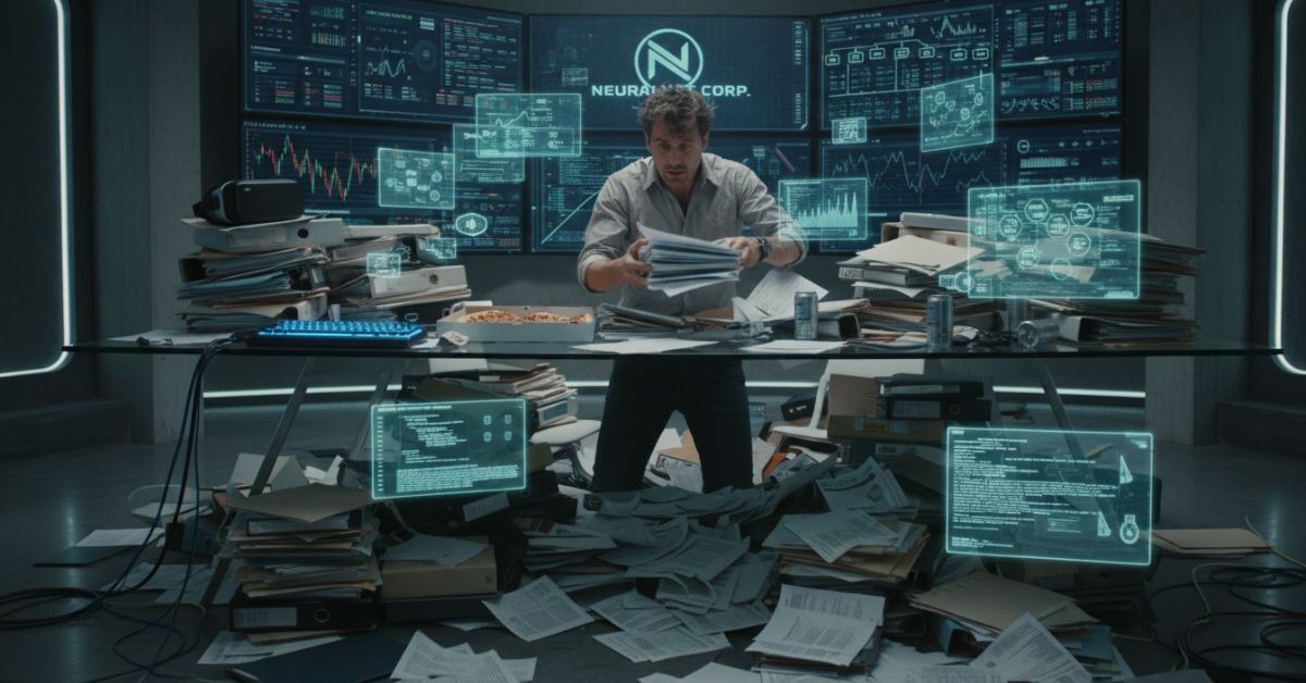 Man stressed in a room, with holographic screens depicting analytical dashboards, surrounded by unorganized papers
